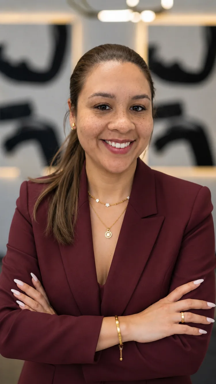 Rosi, creadora de Rosi Digital, sonriendo con blazer color vino